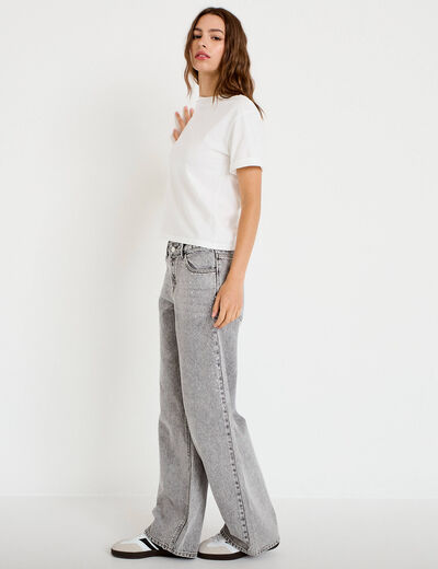 Jean wide leg taille basse strass denim gris femme