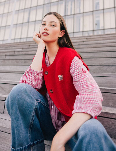 Veste sans manches fausse fourrure rouge femme