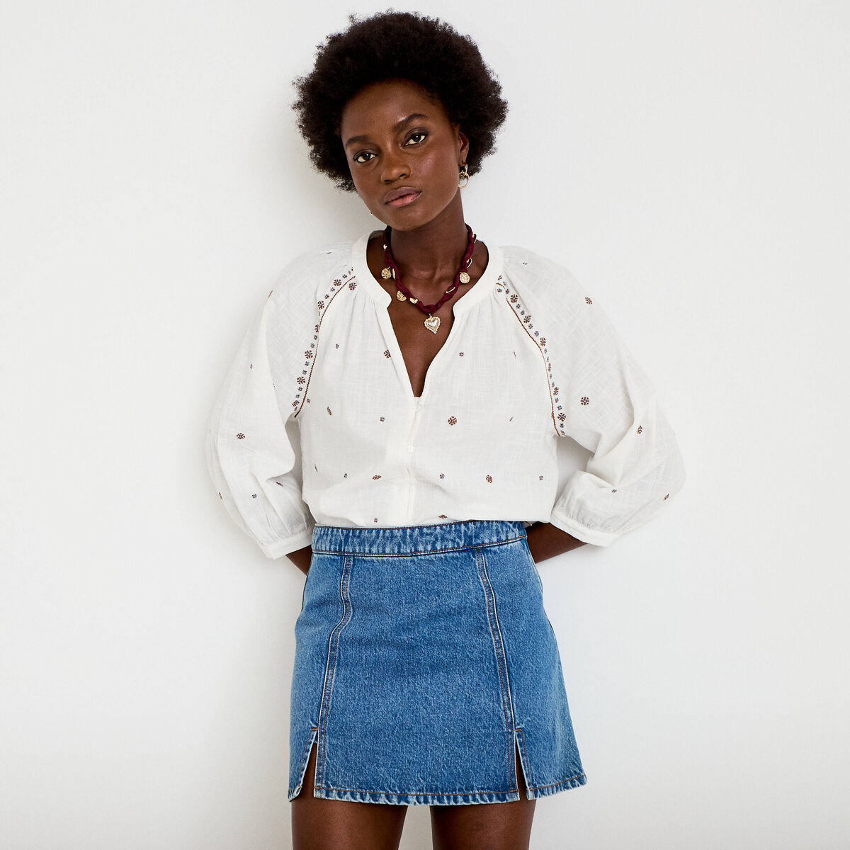 Jupe-short trap&egrave;ze en jean denim double stone femme
