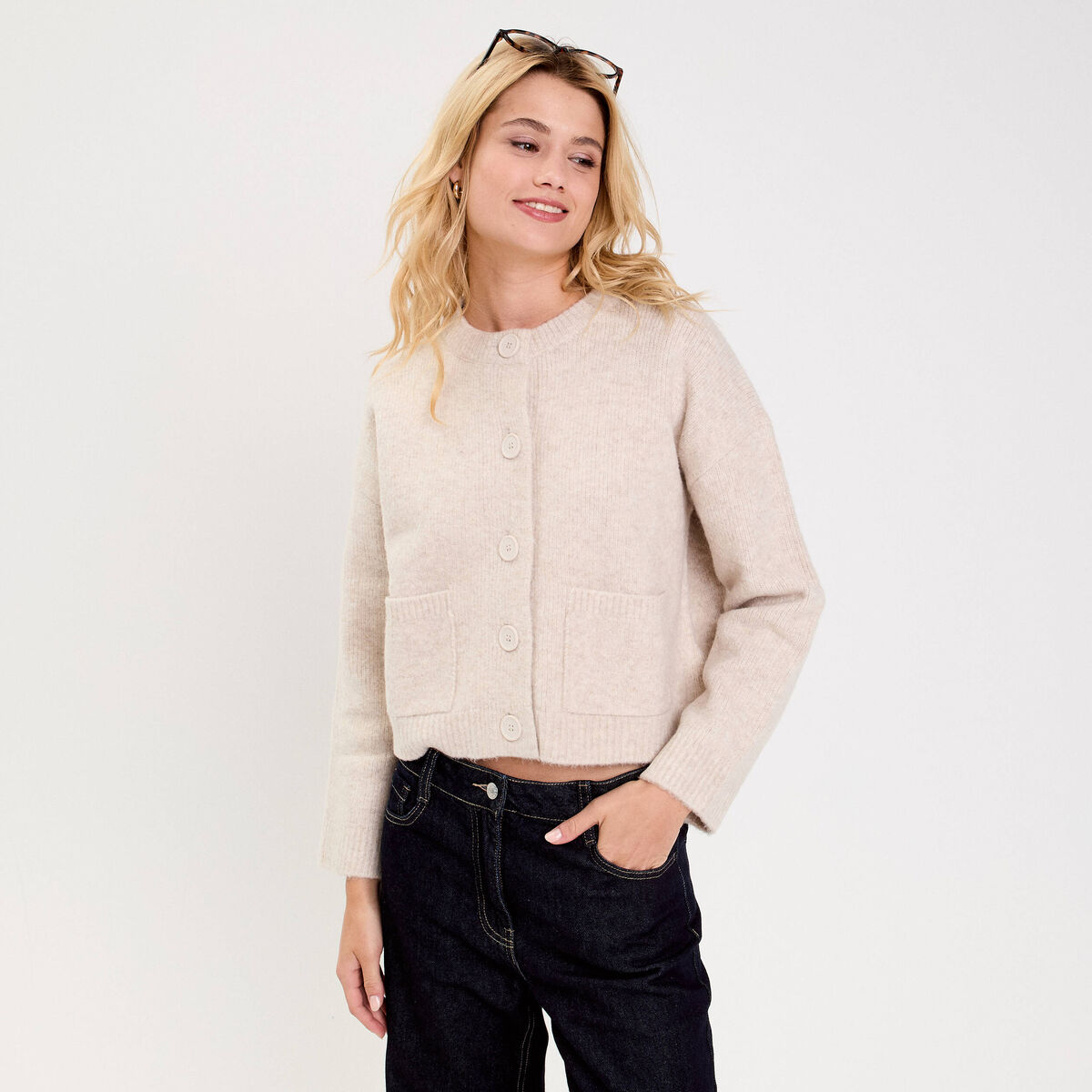 Gilet bouclette col rond manches longues beige femme