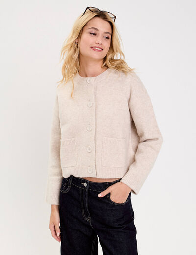 Gilet bouclette col rond manches longues beige femme