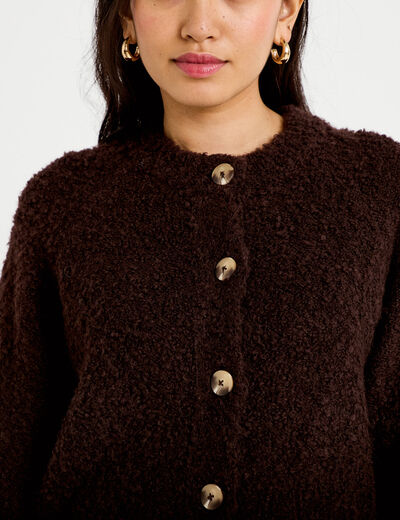 Gilet bouclette col rond manches longues marron fonc&eacute; femme