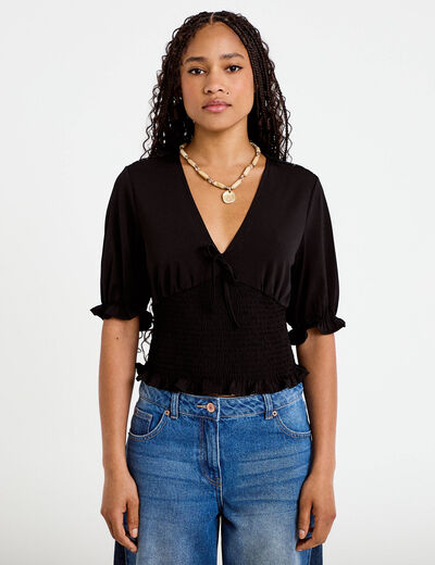 Blouse manches courtes smock&eacute;e noir femme