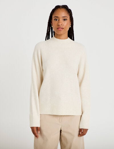 Pull col montant manches longues ecru femme
