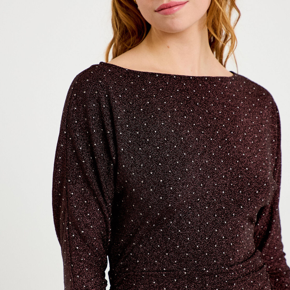 Top droit col bateau manches longues violet fonc&eacute; femme