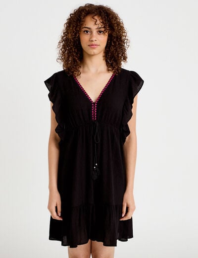 Robe &eacute;vas&eacute;e cr&ecirc;pe col v manches courtes noir femme