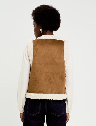 Gilet sans manches fausse fourrure marron fonc&eacute; femme