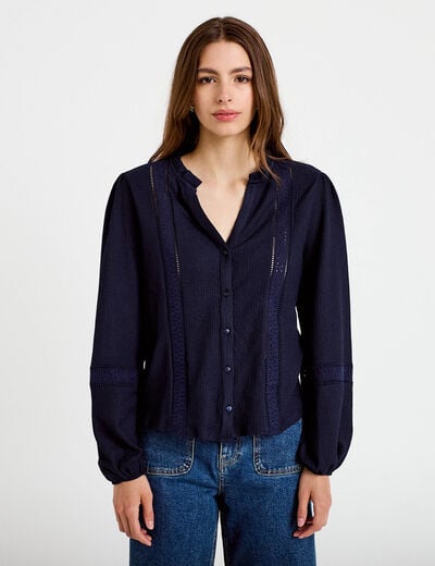 Blouse broderie col V manches longues bleu marine femme