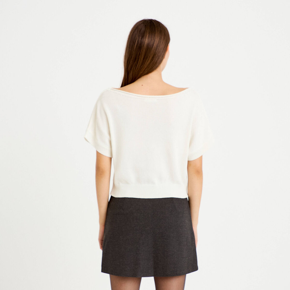 Pull ample cropped manches courtes ecru femme