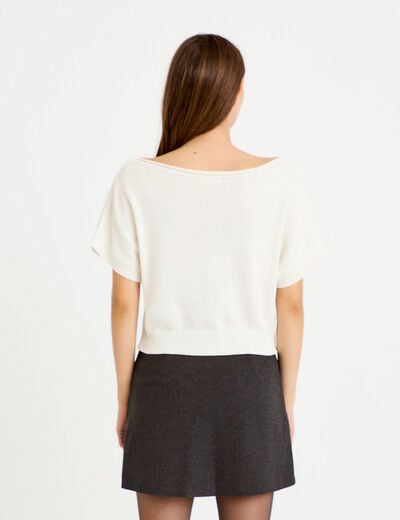 Pull ample cropped manches courtes ecru femme