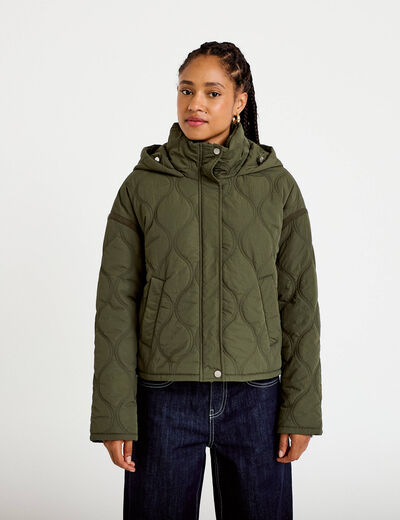 Veste droite &agrave; capuche manches longues vert kaki femme