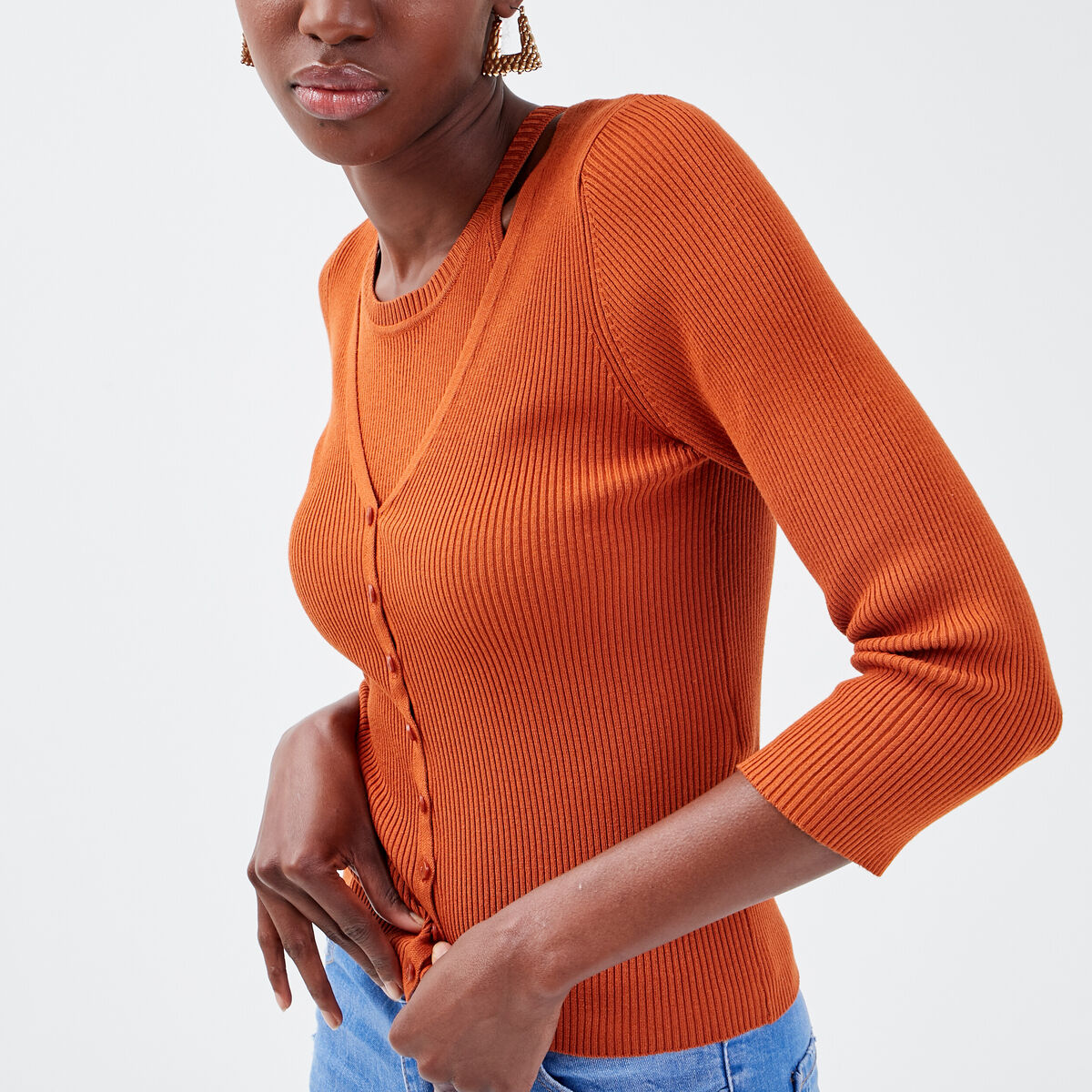 Gilet manches 3/4 boutonn&eacute; marron cognac femme
