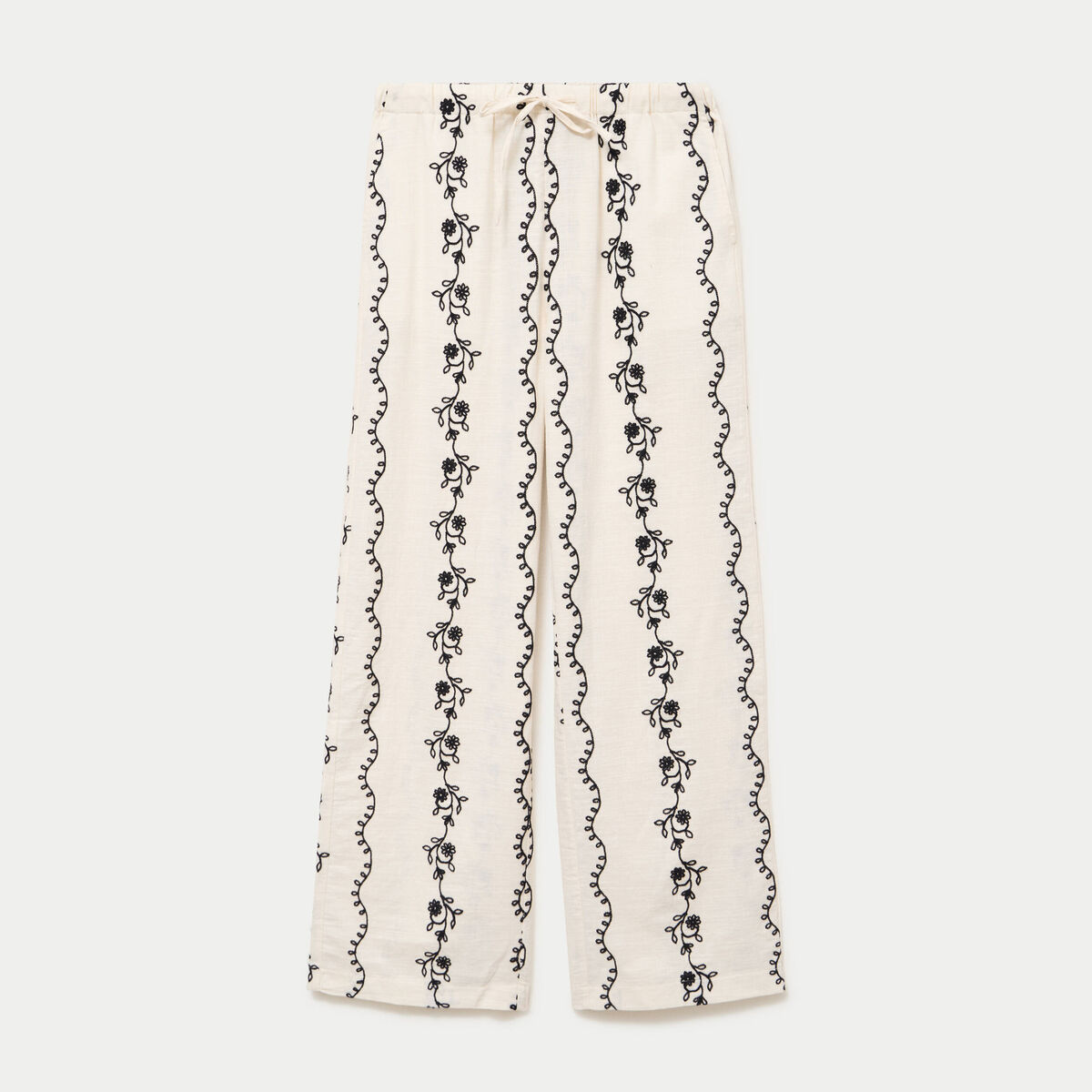 Pantalon large taille standard brod&eacute; blanc femme
