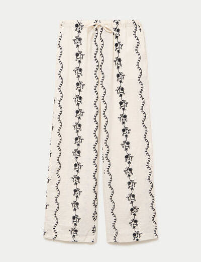 Pantalon large taille standard brod&eacute; blanc femme