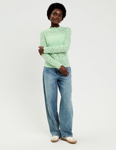 T-shirt dentelle manches longues vert pastel femme
