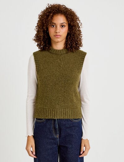 Pull sans manches vert kaki femme