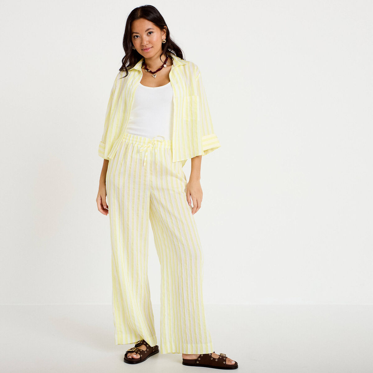 Pantalon large fluide taille standard jaune femme
