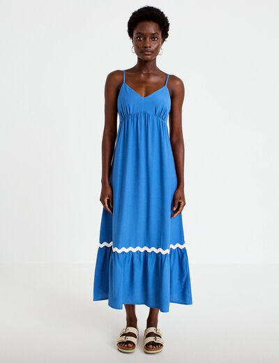 Robe longue &eacute;vas&eacute;e col v cr&ecirc;pe bleu fonc&eacute; femme