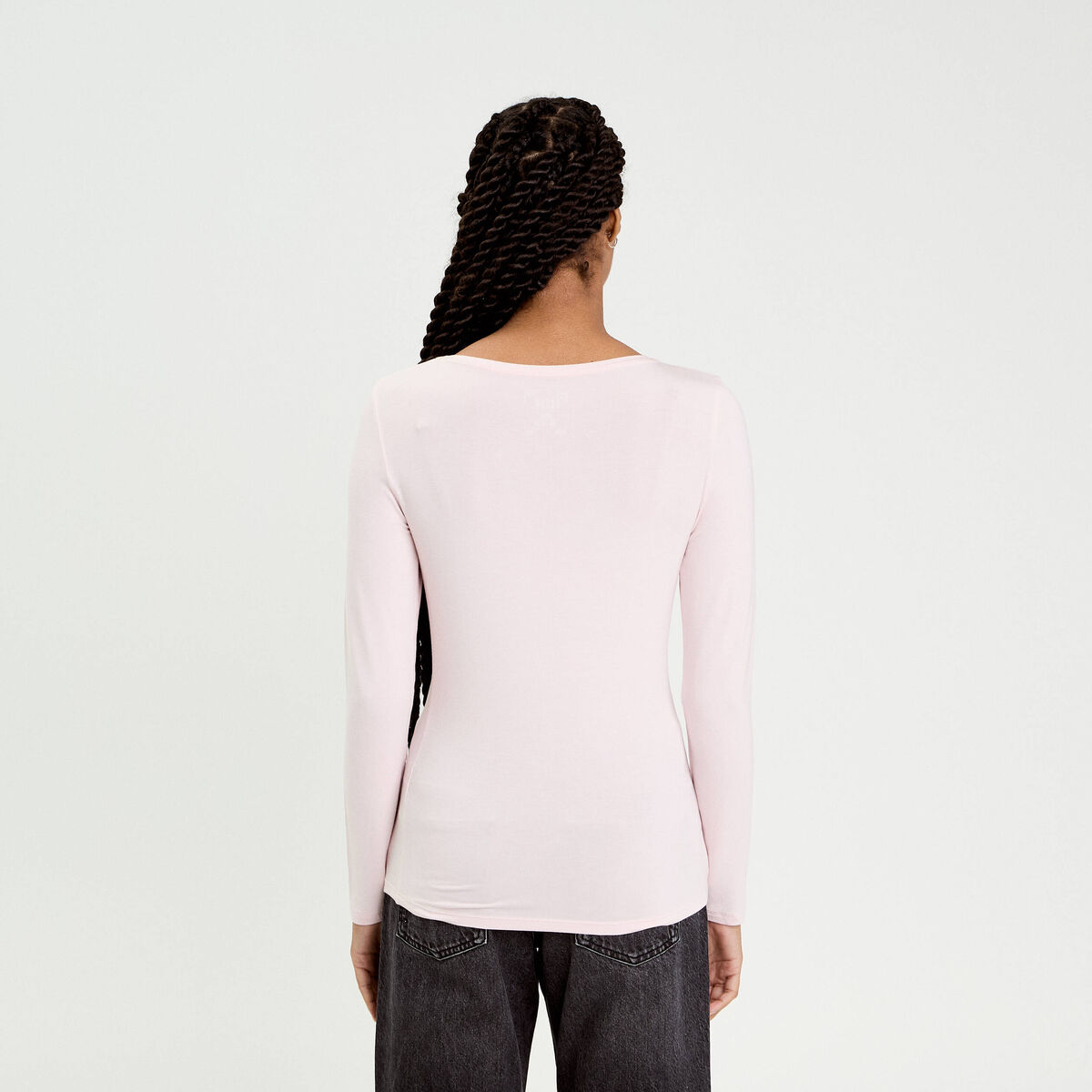 T-shirt uni &agrave; manches longues rose clair femme