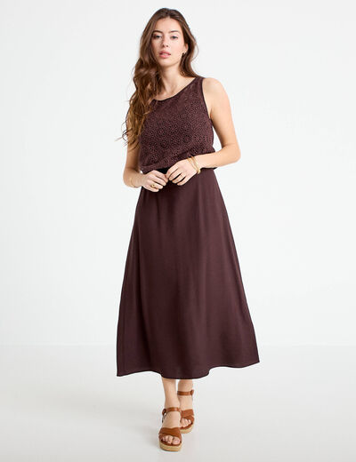 Robe longue bi-mati&egrave;re col rond marron fonc&eacute; femme