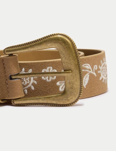 Ceinture large aspect daim broderie beige femme