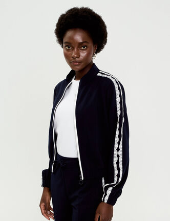 Veste zipp&eacute;e d&eacute;tail dentelle bleu marine femme