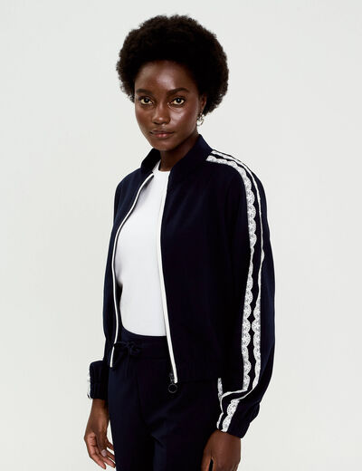 Veste zipp&eacute;e d&eacute;tail dentelle bleu marine femme