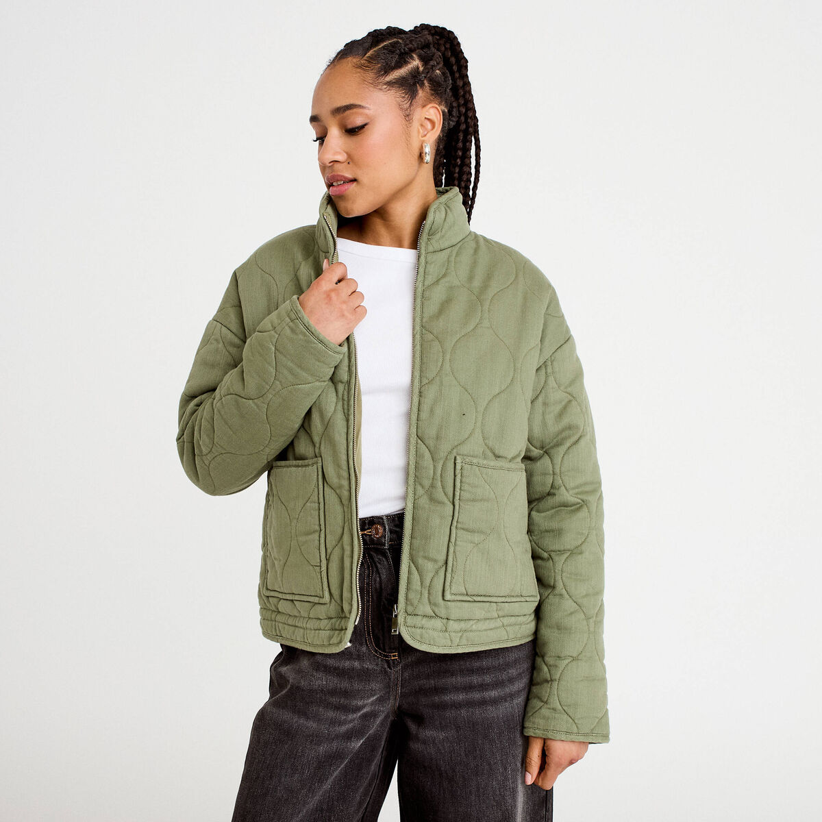Veste matelass&eacute;e zipp&eacute;e vert kaki femme