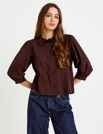 Chemise droite col classique manches 3/4 marron fonc&eacute; femme