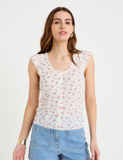 Top boutonn&eacute; d&eacute;tails dentelle blanc femme