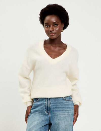 Pull duveteux ecru femme
