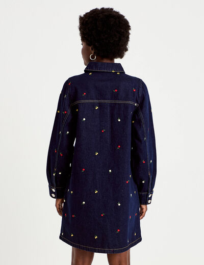 Robe courte droite en jean brod&eacute;e bleu marine femme