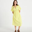 Robe midi pliss&eacute;e col v manches courtes jaune citron femme