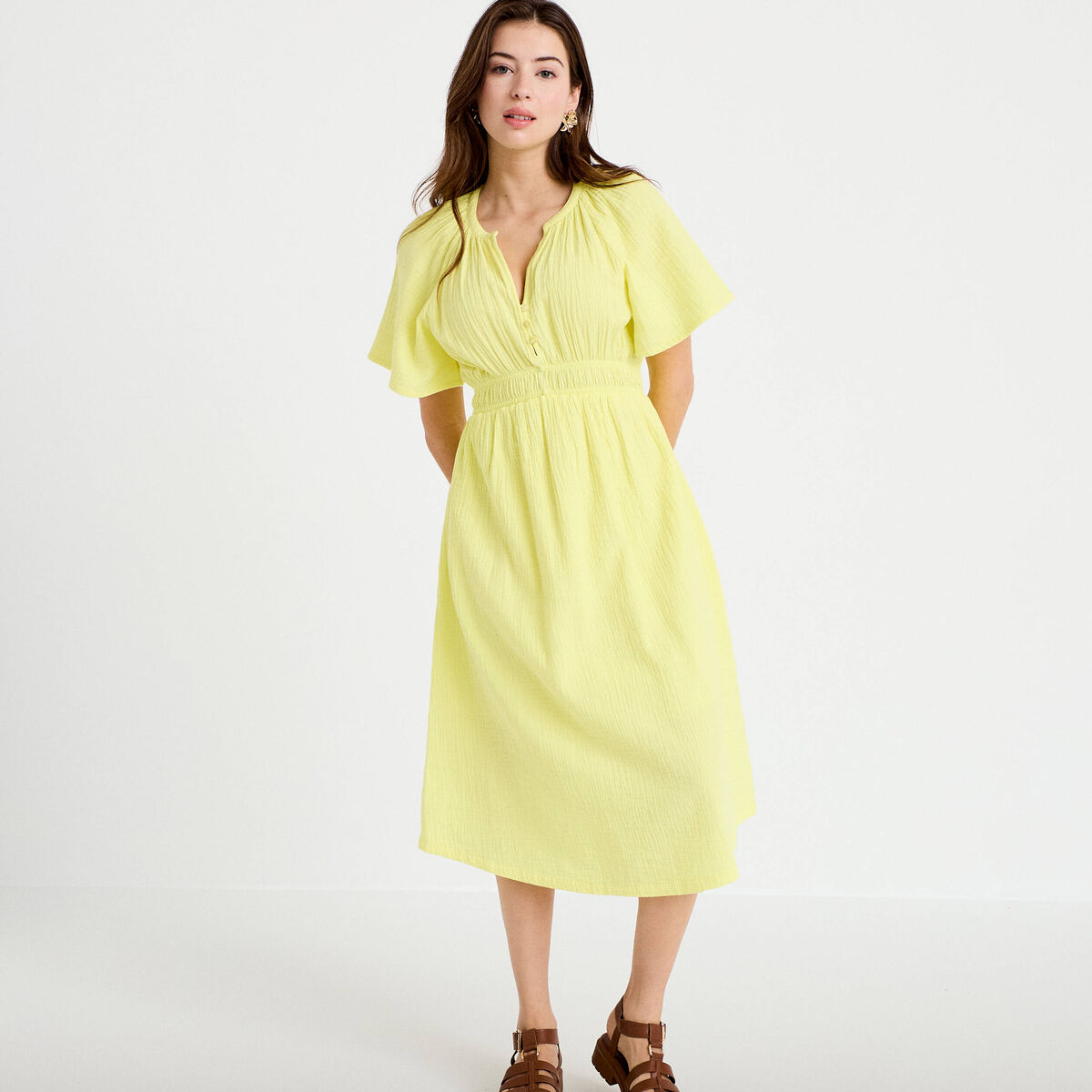 Robe midi pliss&eacute;e col v manches courtes jaune citron femme