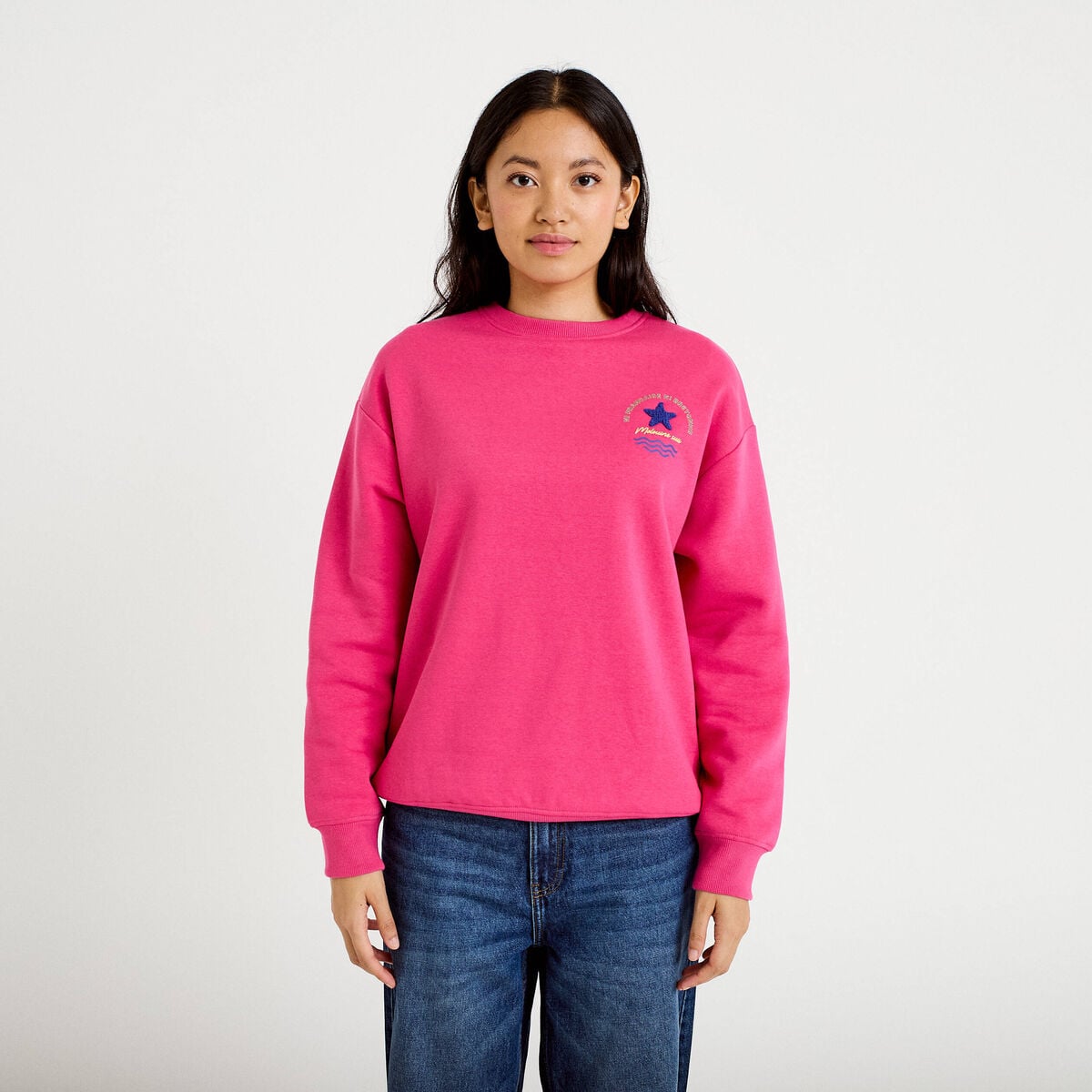 Sweat col rond manches longues rose fushia femme