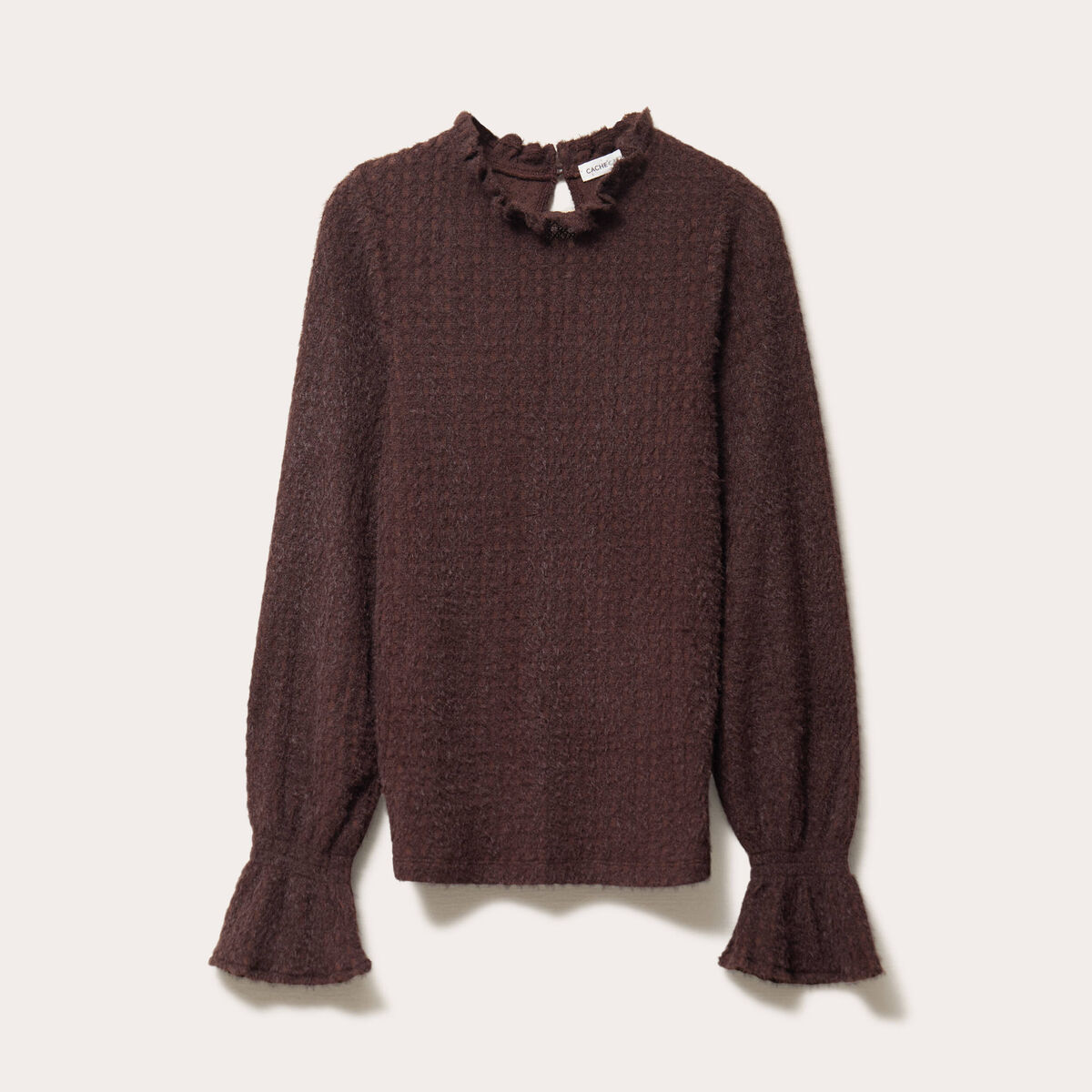 Blouse ajour&eacute;e manches longues marron fonc&eacute; femme