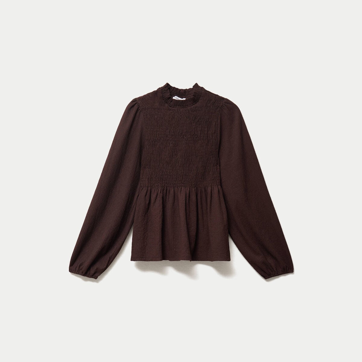 Blouse p&eacute;plum manches longues pliss&eacute;e marron fonc&eacute; femme