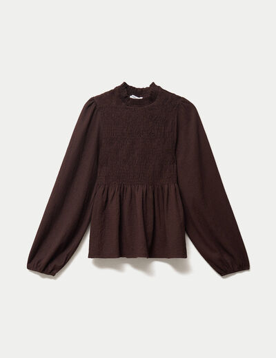 Blouse p&eacute;plum manches longues pliss&eacute;e marron fonc&eacute; femme