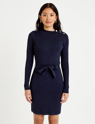 Robe pull ajust&eacute;e manches longues bleu marine femme