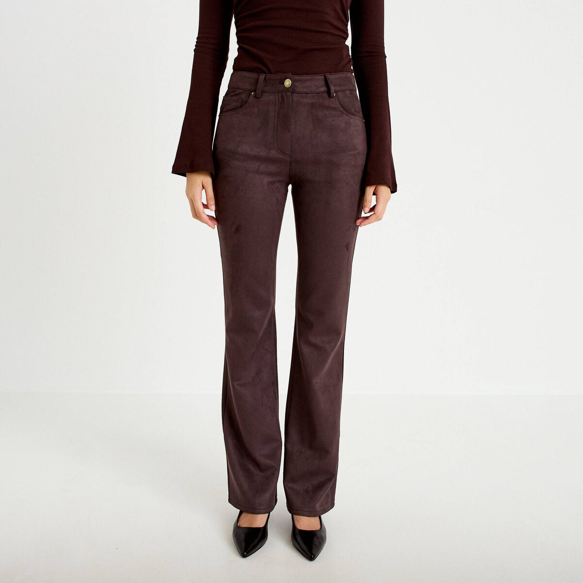 Pantalon bootcut aspect daim marron fonc&eacute; femme