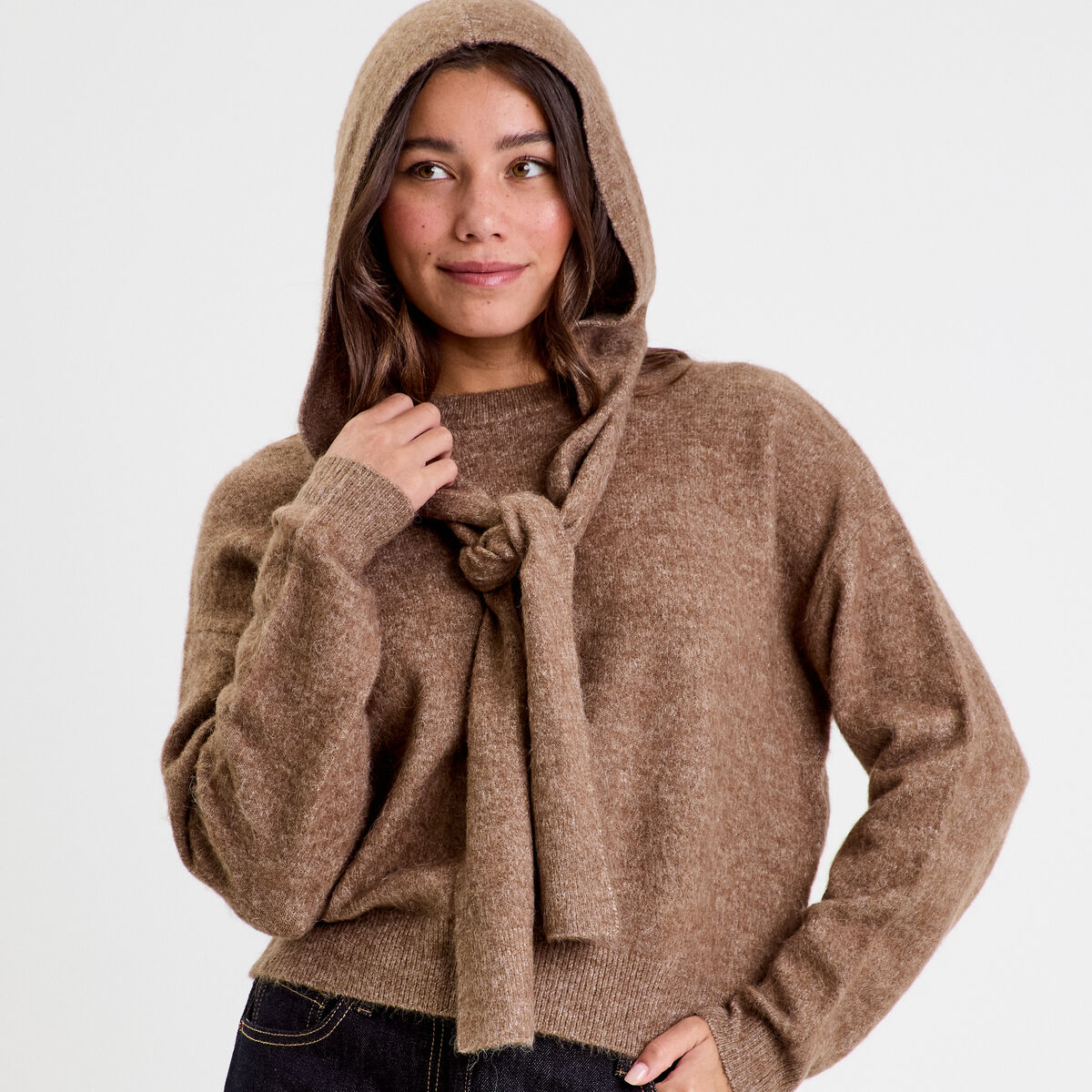 Pull &agrave; capuche manches longues marron clair femme