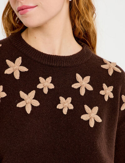 Pull oversize brod&eacute; manches longues marron fonc&eacute; femme