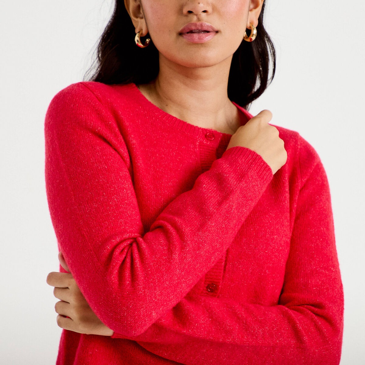 Gilet boutonn&eacute; manches longues rouge femme