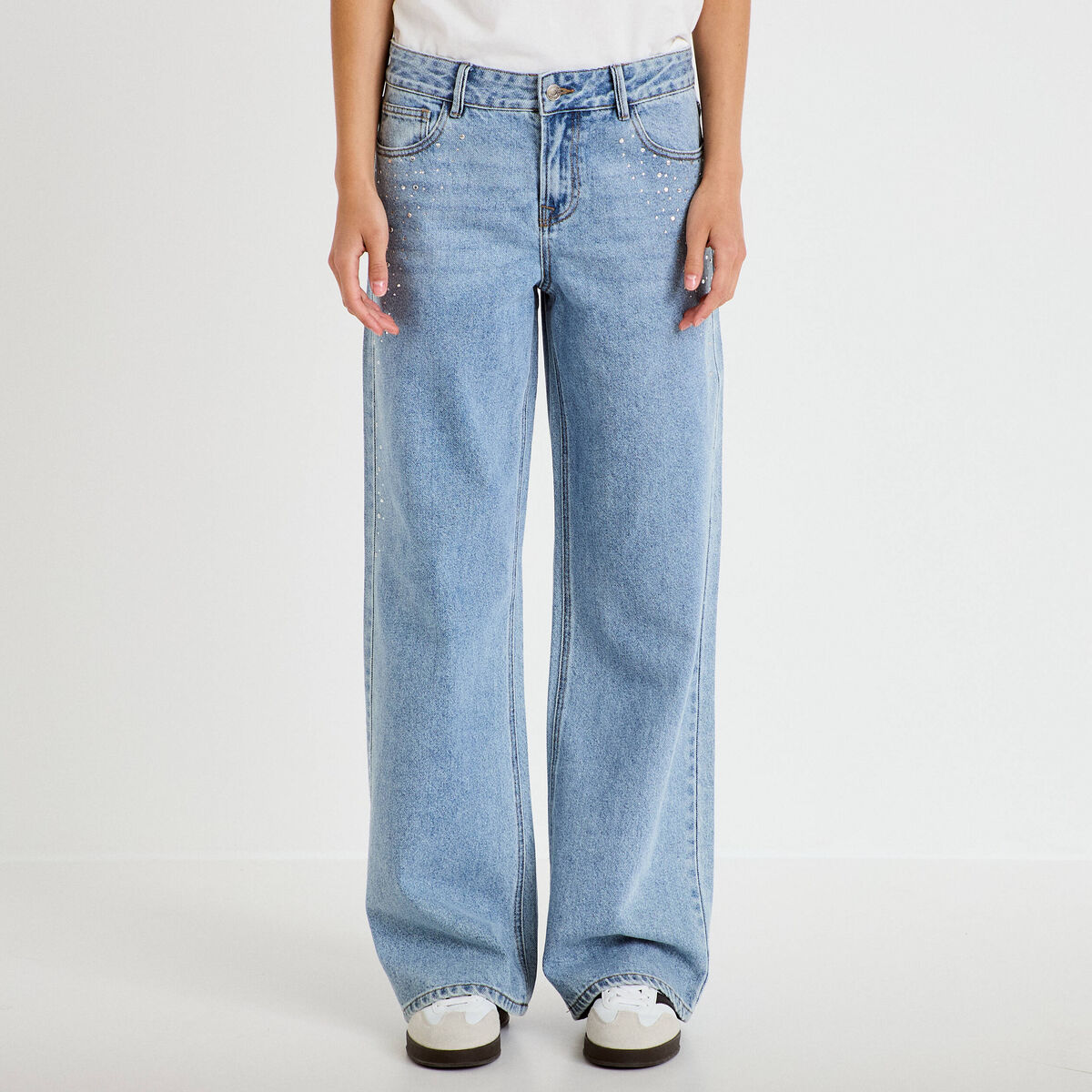 Jean wide leg taille basse strass denim triple stone femme