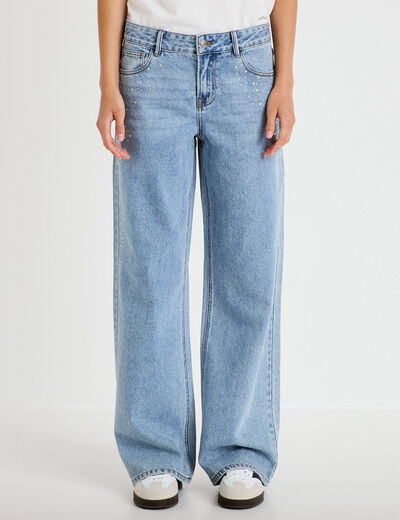 Jean wide leg taille basse strass denim triple stone femme