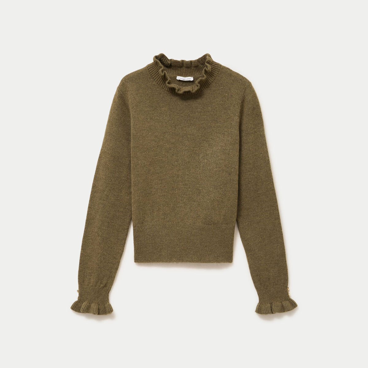 Pull ajust&eacute; col montant manches longues vert kaki femme