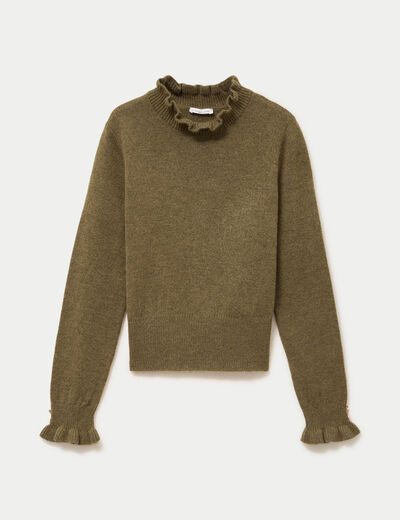 Pull ajust&eacute; col montant manches longues vert kaki femme