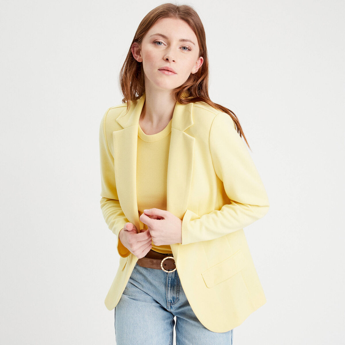 Veste blazer cintr&eacute;e jaune clair femme