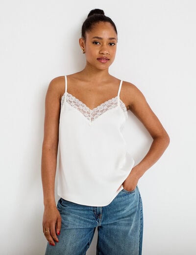 D&eacute;bardeur ajust&eacute; d&eacute;collet&eacute; dentelle ecru femme