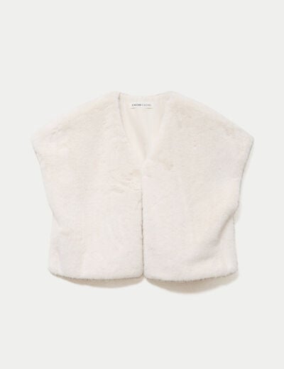 Kimono sans manches fausse fourrure ecru femme